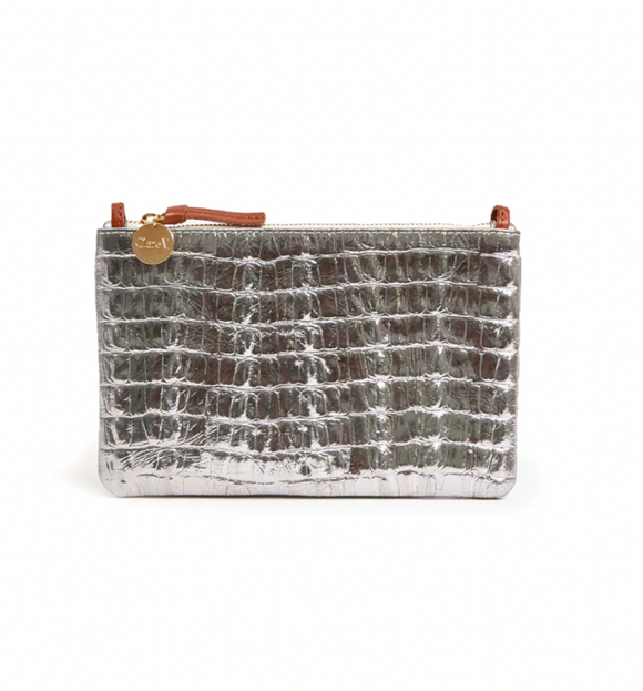 Clare V. - Wallet Clutch in Silver Metallic Croco with Snake Chain