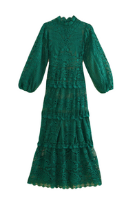 Farm Rio - Dark Green Guipure Long Sleeve Maxi Dress