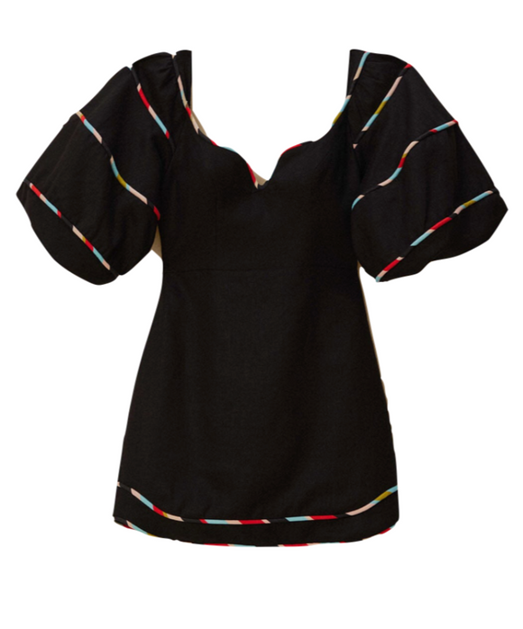 Farm Rio - Black Colored Stripes Short Sleeve Mini Dress