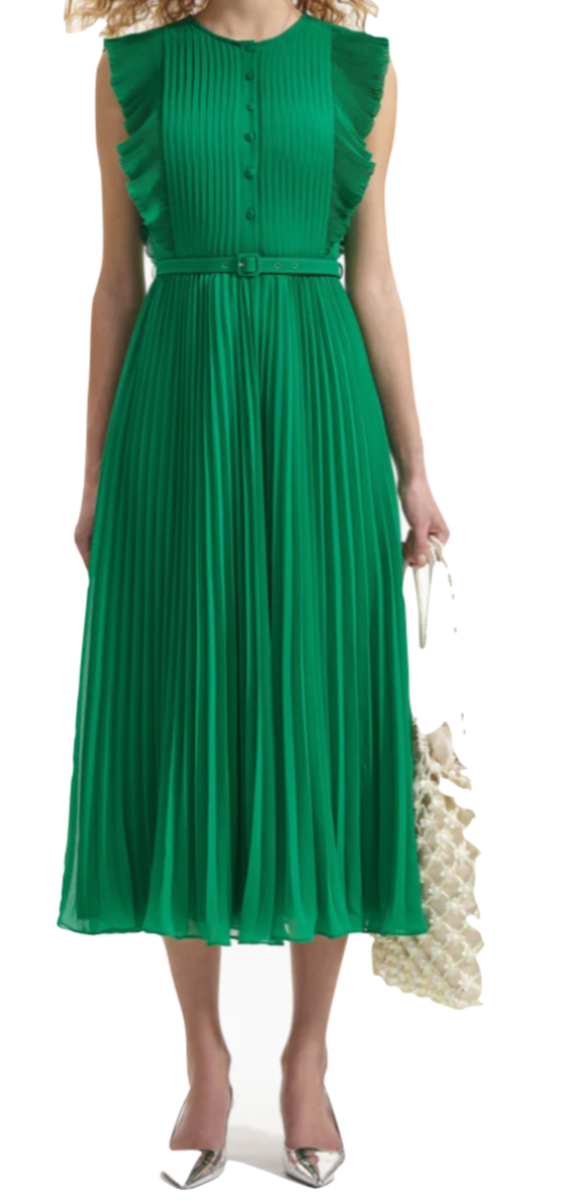 Self Portrait - Chiffon Sleeveless Ruffle Midi Dress in Green
