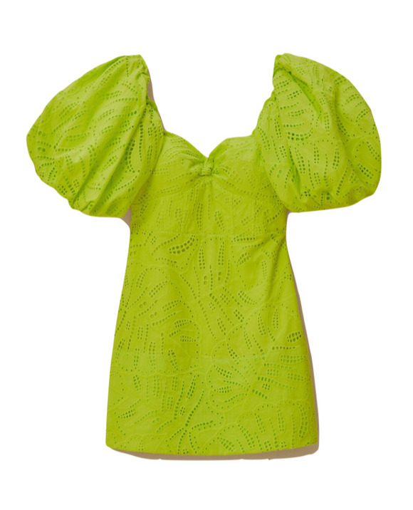 Farm Rio - Green Monstera Eyelet Short Sleeve Mini Dress