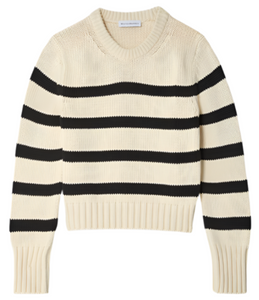 White + Warren - Cotton Striped Crewneck in Ecru/Black