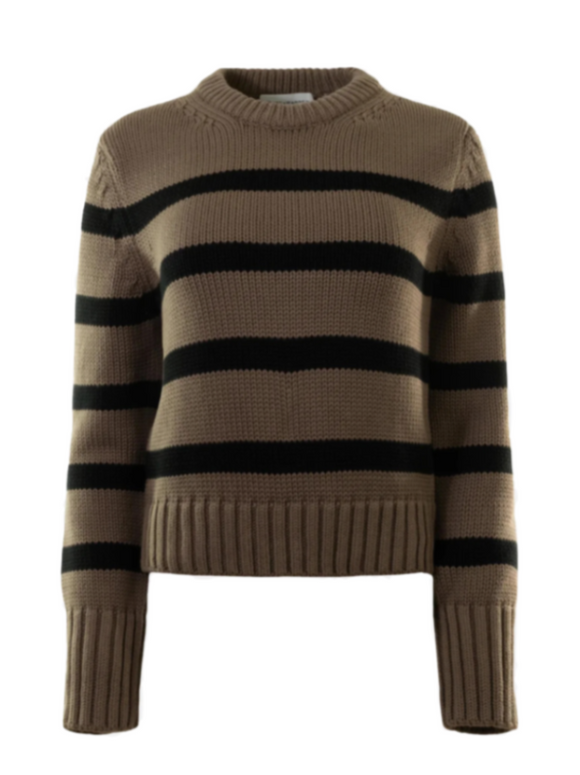 White + Warren - Cotton Striped Crewneck in Mocha/Black