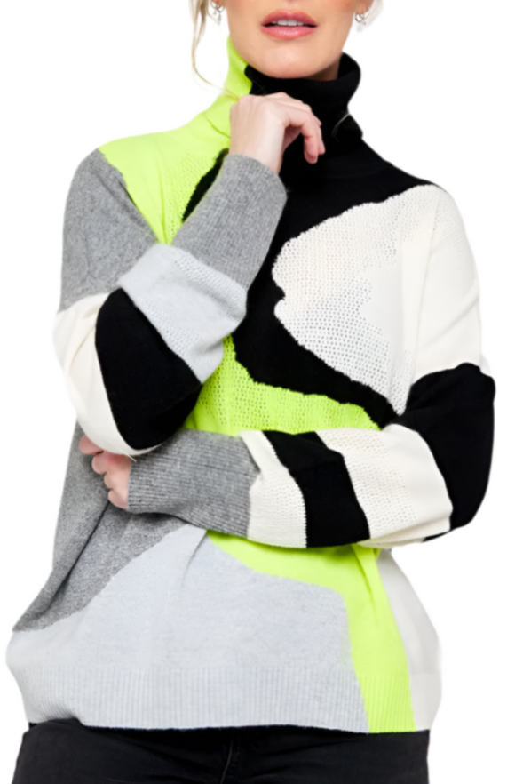 Brodie Cashmere - Abstract Roll Neck in Black/Grey/Neon Yellow