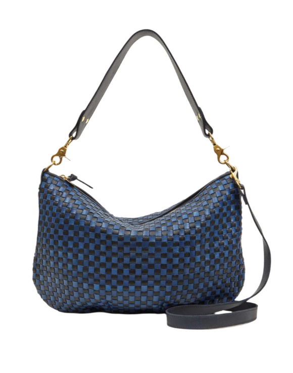 Clare V. - Moyen Messenger in Dark Blue Woven Checker