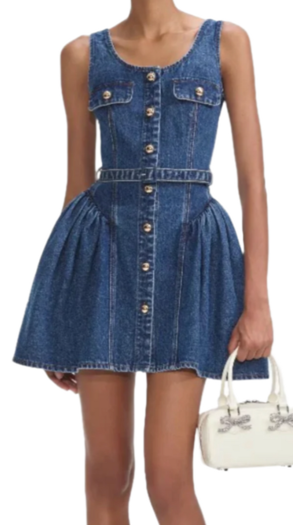 Self Portrait - Flared Denim Mini Dress in Blue