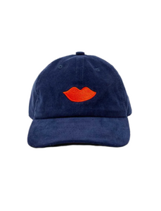 Clare V. - Corduroy Baseball Hat in Navy with Poppy Lips