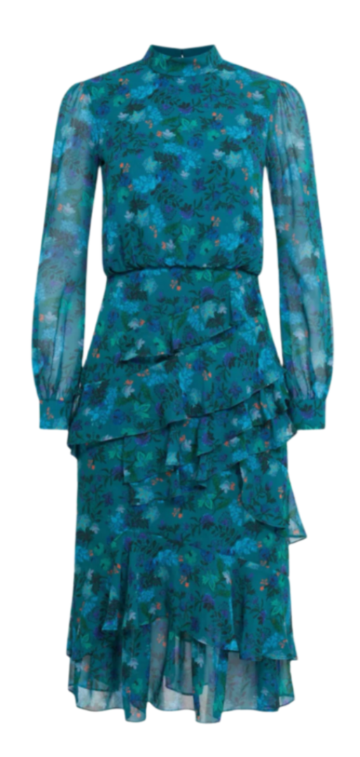 Saloni - Isa Ruffle Dress in Flori Peacock