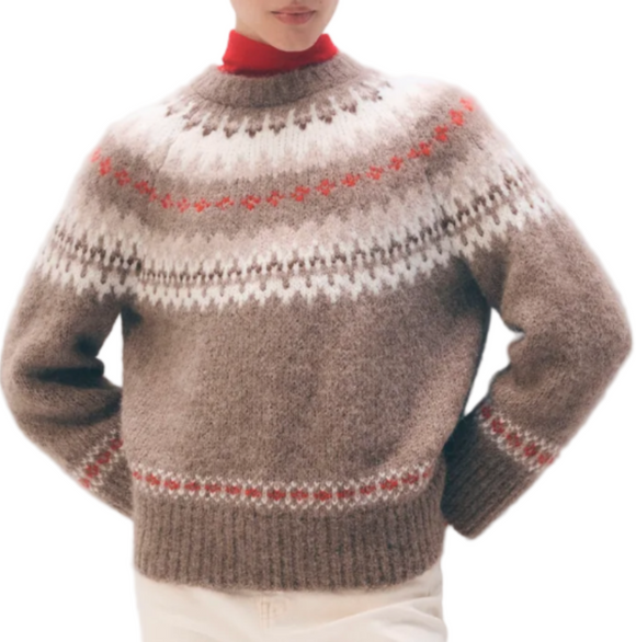 White + Warren - Alpaca Blend Fair Isle Crewneck in Brown Combo