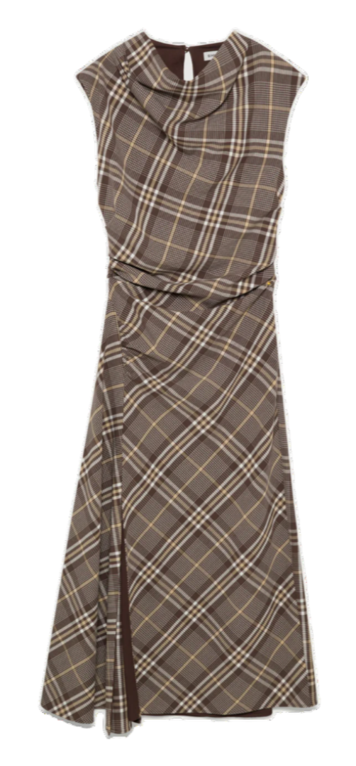 SIMKHAI - Burke Draped Midi Dress in Chocolate Plaid