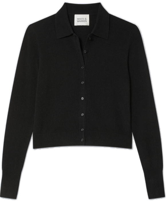 White + Warren - Cashmere Collared Cardigan in Black