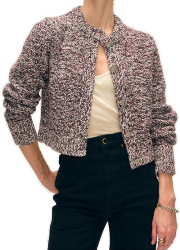 White + Warren - Gold Button Cardigan in Dark Crimson Marl