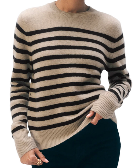 White + Warren - Cashmere Striped Crewneck in Khaki/Black