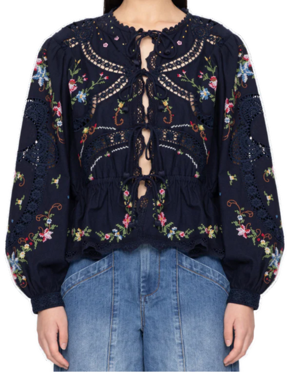 Sea - Edwina Embroidery Tie Front Top in Navy