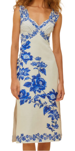 Farm Rio - Blue Floral Cascade Off White Midi Dress