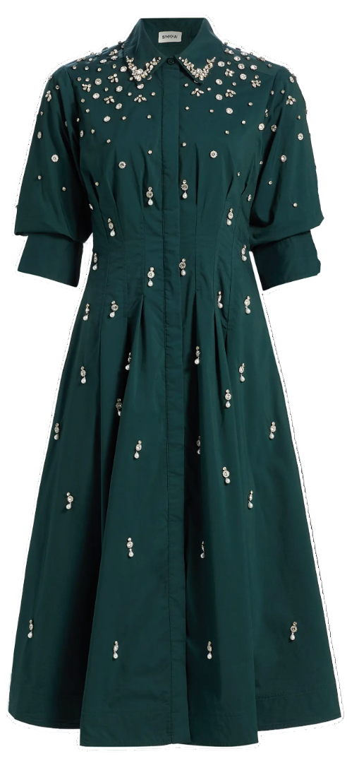 SIMKHAI - Jazz Embellished Pintuck Midi Dress in Emerald