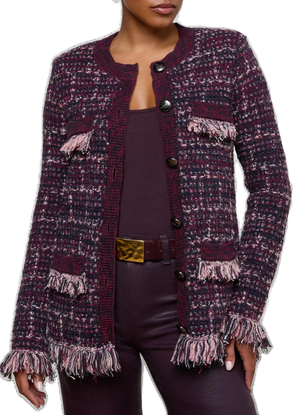 L'AGENCE - Kastoria Fringe Trim Cardigan in Black/Dark Malbec/Midnight