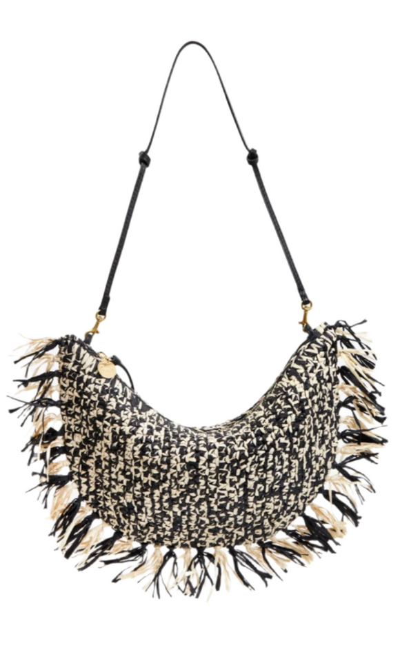 Clare V. - Lune Handbag in Black/Cream Raffia with Fringe
