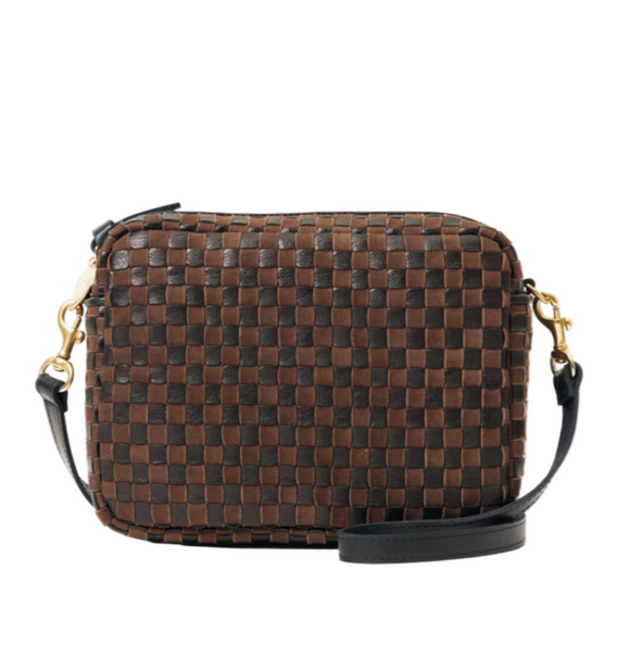 Clare V. - Midi Sac in Black/Chocolate Leather & Suede Woven Checker