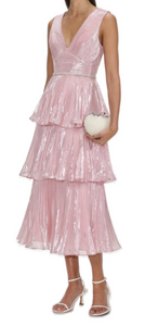 Self Portrait - Metallic Tiered Midi Dress in Pink