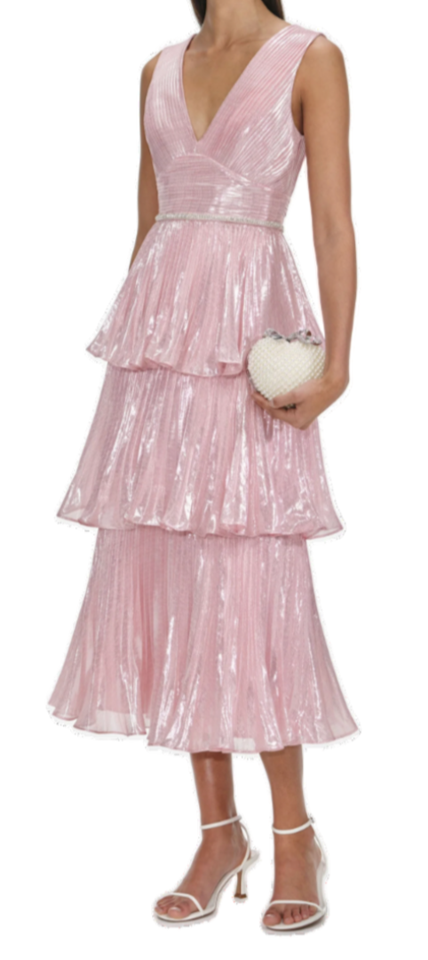 Self Portrait - Metallic Tiered Midi Dress in Pink