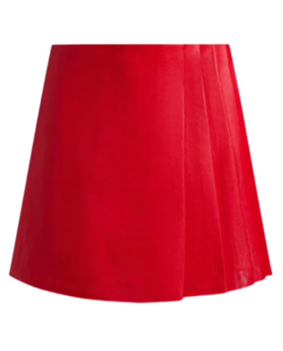 Alice + Olivia - Toni Vegan Leather Asymmetric Pleated Skirt in Perfect Ruby